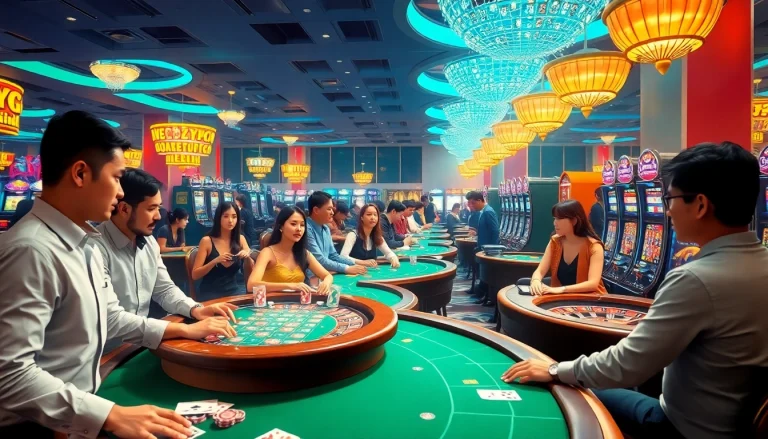 KJC AC 3 scene showcasing thrilling casino activities with tables, cards, and slot machines.