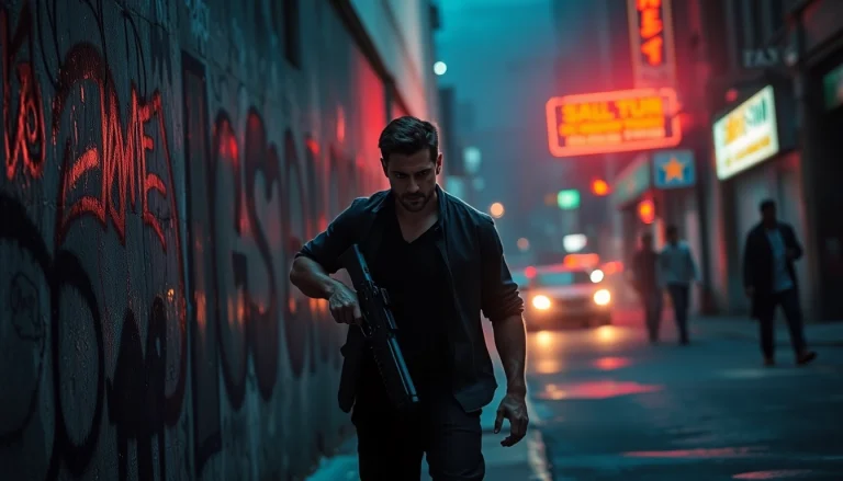 A determined character in a Clean action thriller poses against an urban backdrop, embodying suspense.