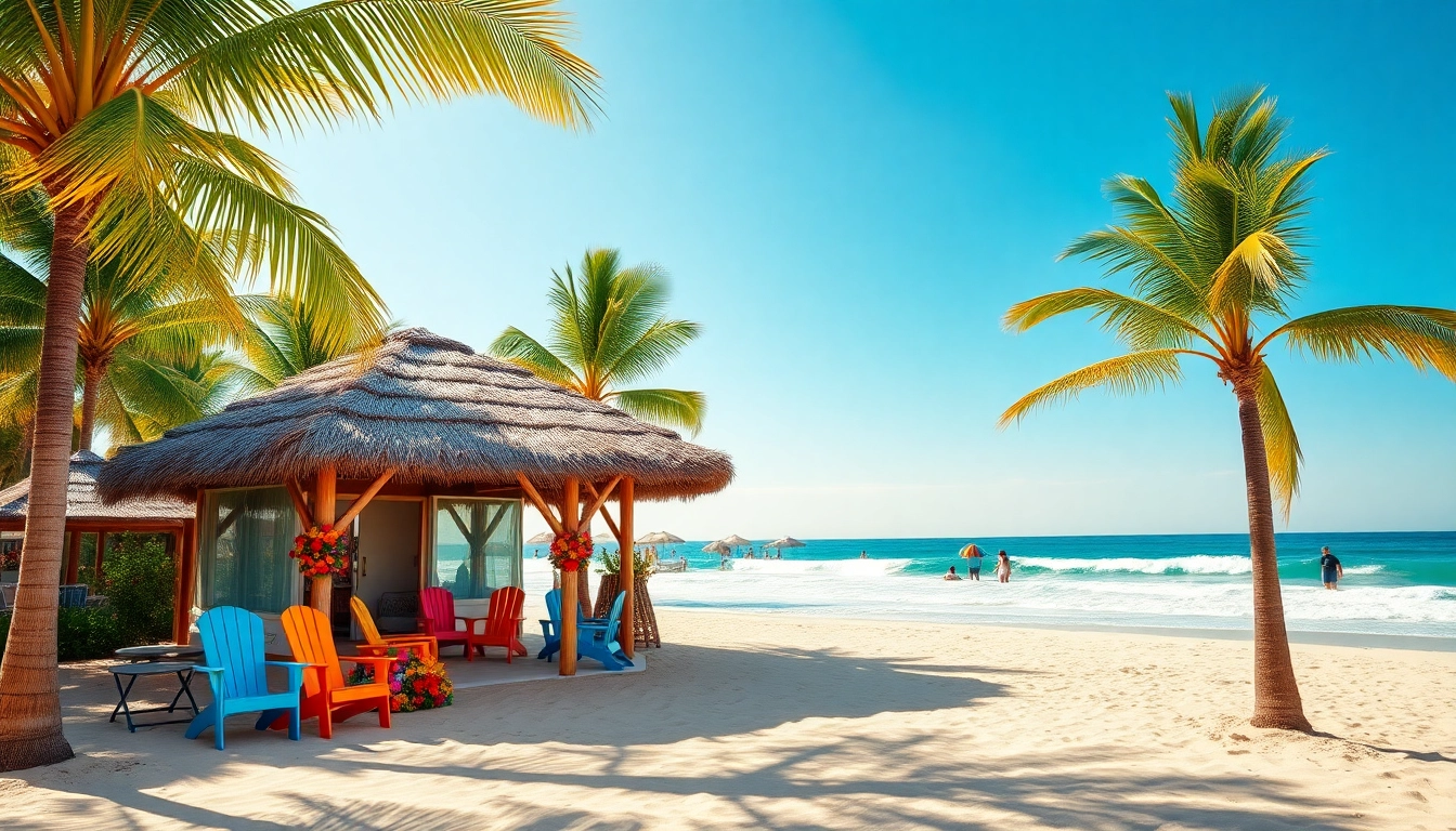 Enjoying a beautiful coastal cabana surrounded by palm trees and a beach setting.