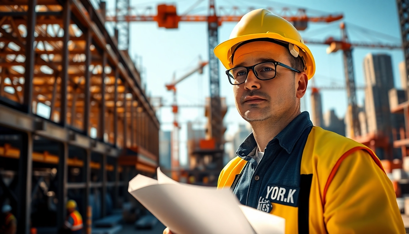 New York Construction Manager leading a team on an active construction site with blueprints.