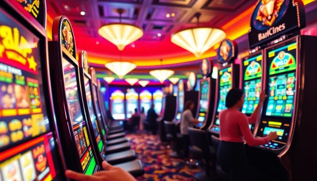 Menghadirkan situs slot gacor dengan pemain bersemangat memainkan mesin slot berwarna-warni.