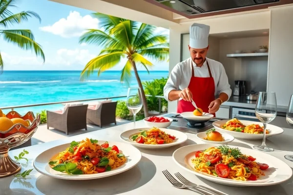 St Martin Private Chef gourmet dish preparation in a luxurious villa kitchen overlooking the sea.