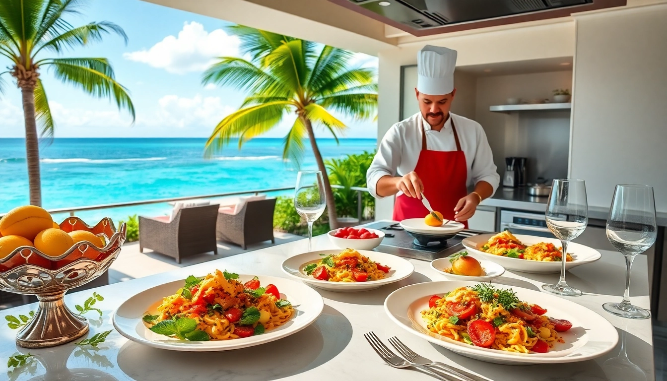 St Martin Private Chef gourmet dish preparation in a luxurious villa kitchen overlooking the sea.