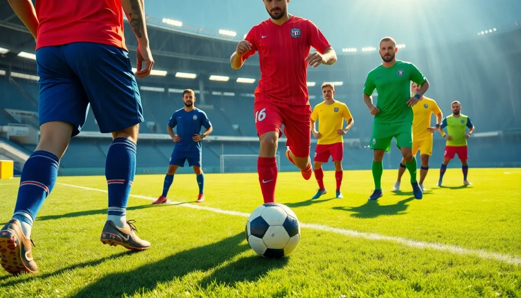 Dynamic scene of players in action, wearing team football kits during a match.