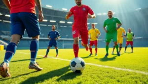 Dynamic scene of players in action, wearing team football kits during a match.