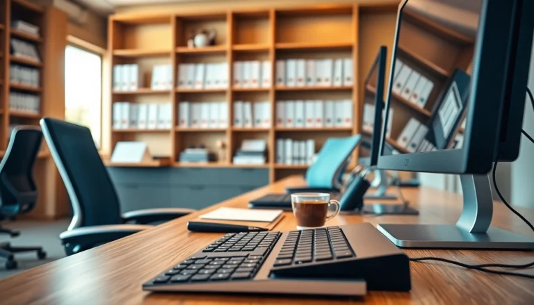 Enhance your skills at a typing center showcasing a modern workspace with ergonomic furniture.