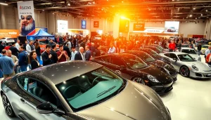 Experience the excitement of the Auto Cars Show with various vehicles on display and enthusiastic attendees interacting.
