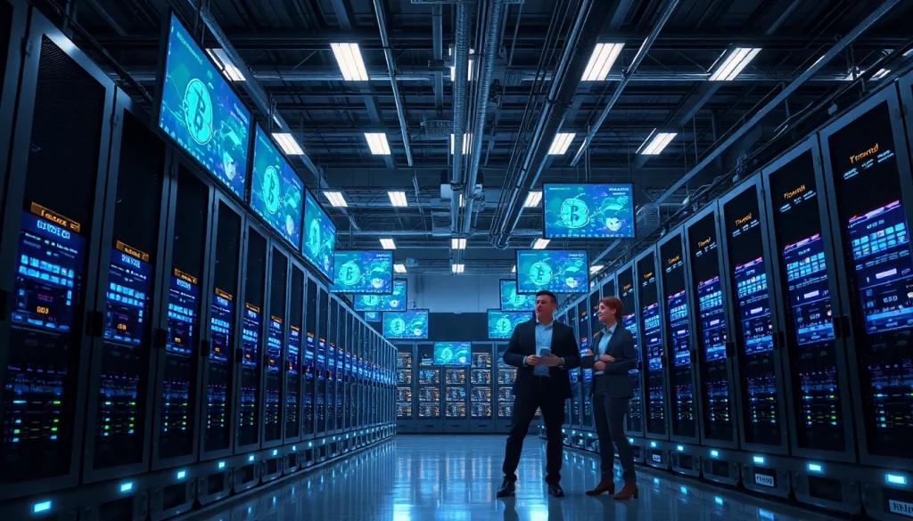 Bitcoin cloud mining facility with advanced rigs and servers in action