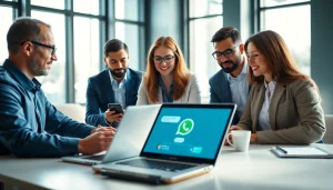 Engaged team discussing the benefits of whatsapp business api in a modern office.