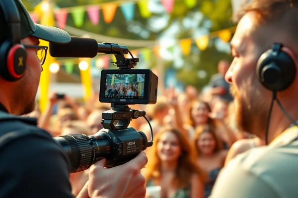 Capturing dynamic event videography footage at an outdoor festival with lively attendees.