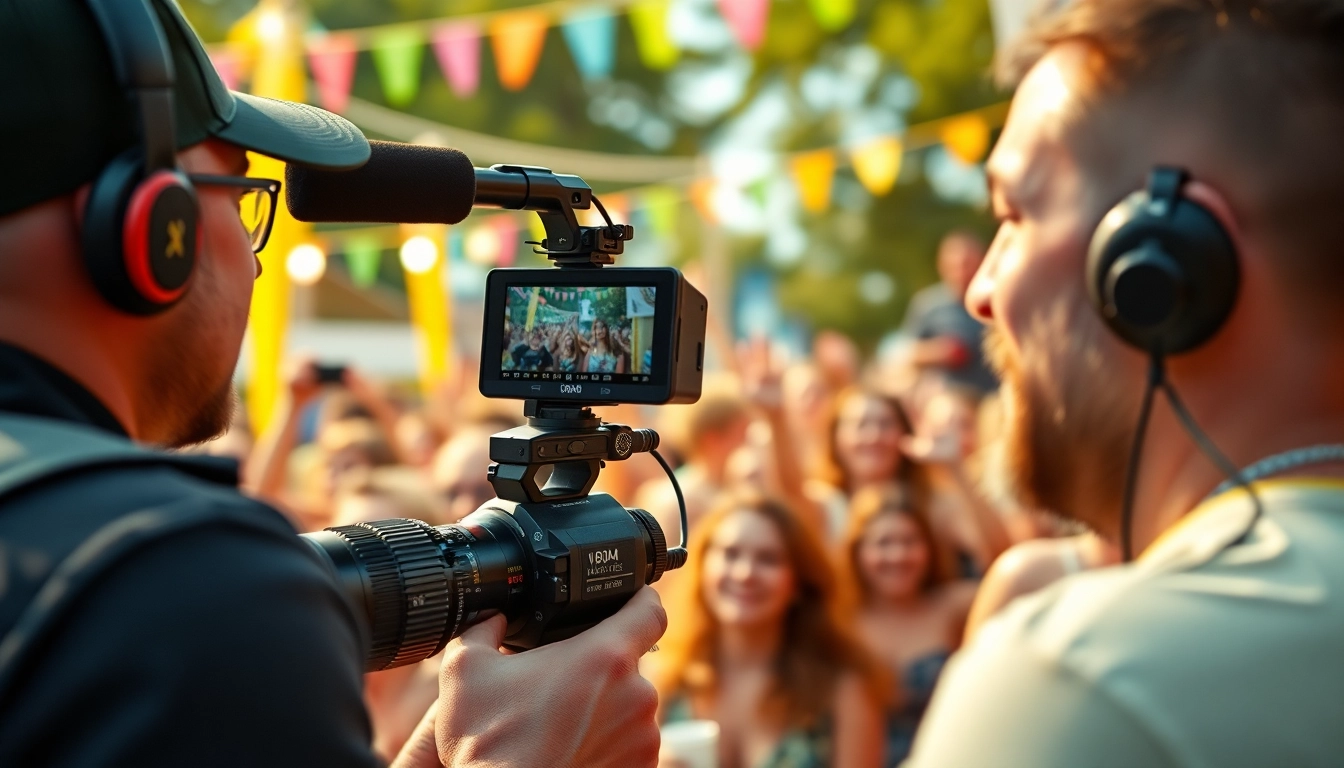 Capturing dynamic event videography footage at an outdoor festival with lively attendees.