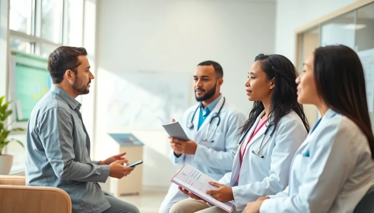 Explore Health insights with a diverse healthcare discussion in a bright clinic.