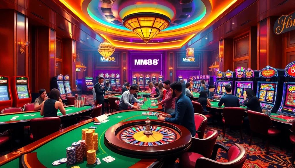 mm88 gambling scene featuring players at blackjack and poker tables in an upscale casino.