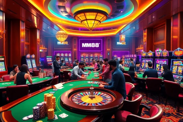 mm88 gambling scene featuring players at blackjack and poker tables in an upscale casino.