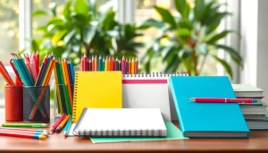 Explore vibrant stationary uk products displayed on a wooden desk in a bright workspace.