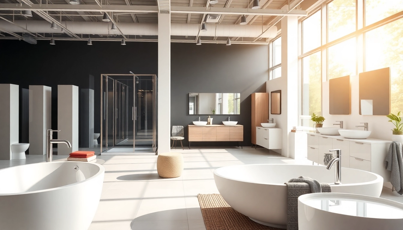 Verkaufsbereich von sonni sanitär GmbH, präsentiert moderne Badezimmerprodukte und Duschkabinen in einem eleganten Showroom.