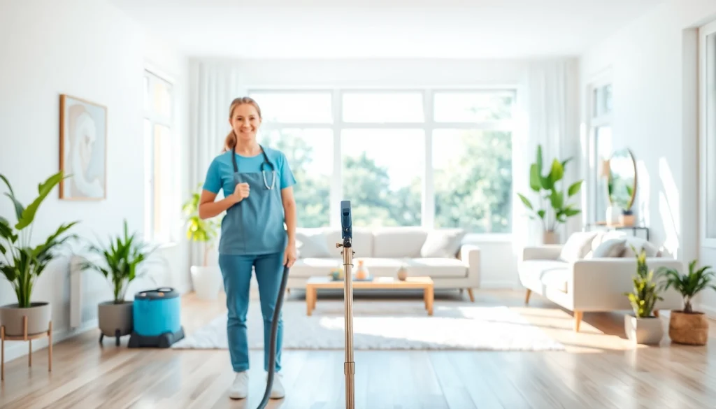Engaging cleaning service professional meticulously cleaning a bright living room.