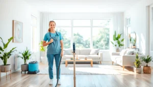Engaging cleaning service professional meticulously cleaning a bright living room.