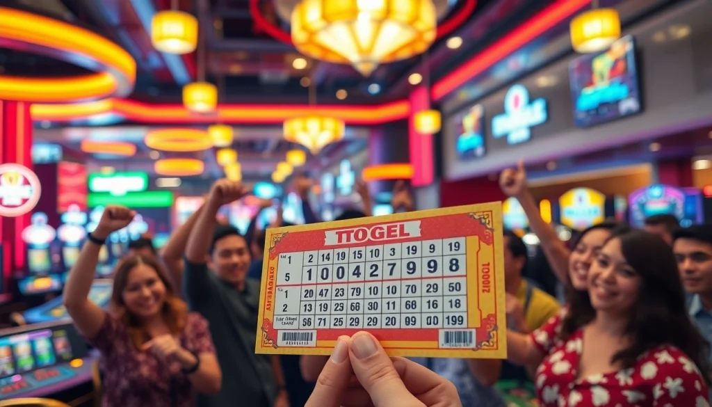 Menggembirakan pengalaman bermain toto togel dengan tiket berwarna-warni dan suasana kasino yang ramai