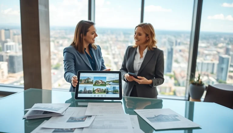 Real Estate agent discussing property options with clients in a bright modern office setting.