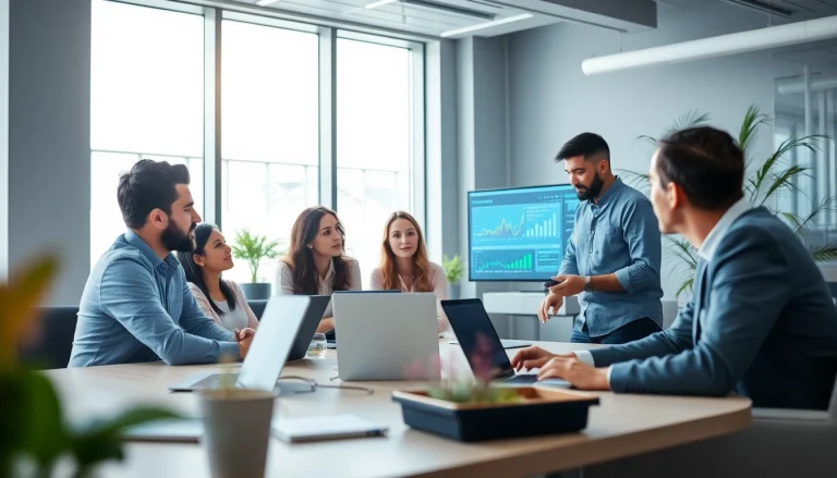 Engaged managed IT provider team collaborating in a modern office setting.