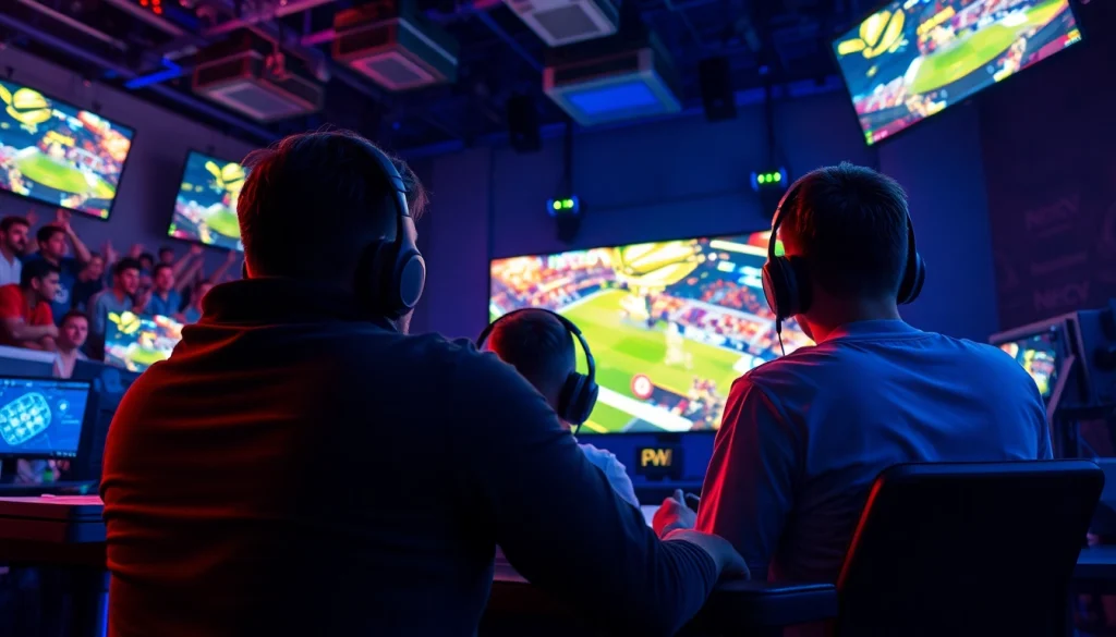 Menampilkan pemain terlibat dalam bandar bola game, diatur dengan lampu dan layar cerah.