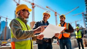 Manhattan Commercial General Contractor directing a construction project with a team at work.