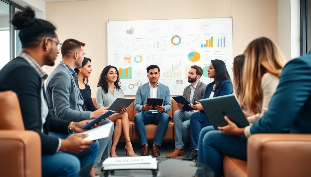 Engage with small business jobs while a diverse team strategizes in a bright office.