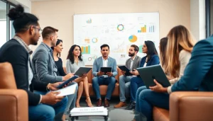 Engage with small business jobs while a diverse team strategizes in a bright office.