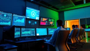 Managed Cybersecurity Tampa team in a high-tech command center monitoring cyber threats.