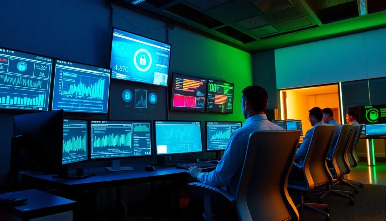 Managed Cybersecurity Tampa team in a high-tech command center monitoring cyber threats.