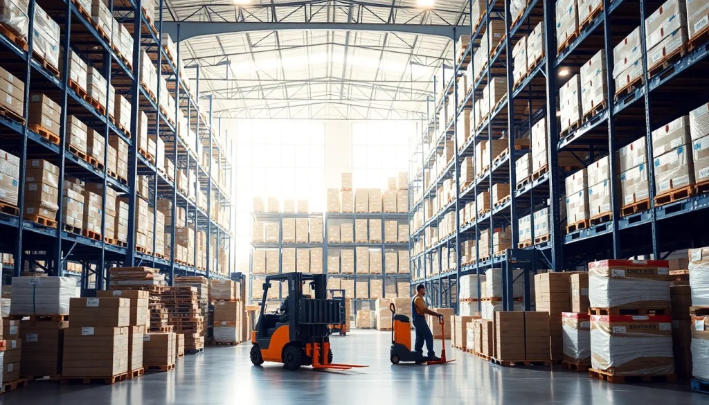 Warehouse setting with workers efficiently managing inventory and organizing storage.