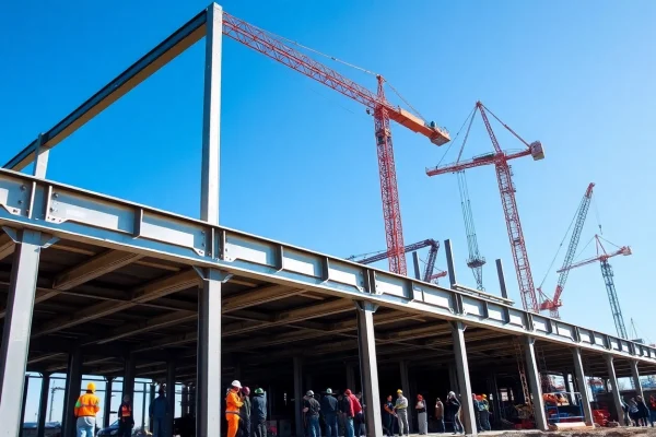 Visualize a structural steel construction project highlighting teamwork and innovative techniques.