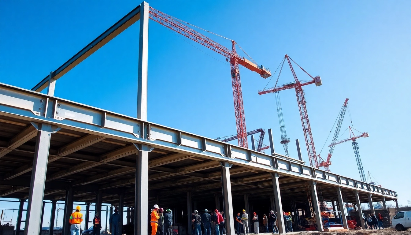 Visualize a structural steel construction project highlighting teamwork and innovative techniques.