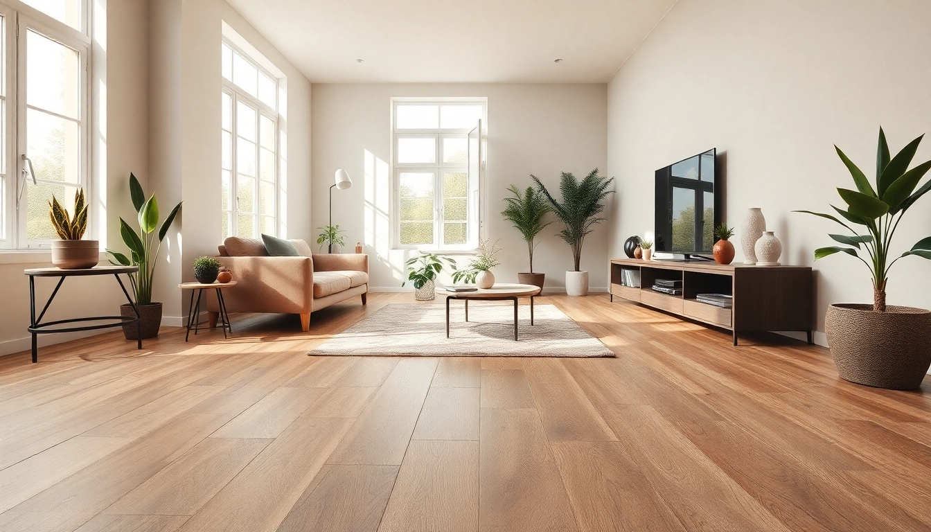 Salon éblouissant mettant en valeur un carrelage imitation parquet avec lumière naturelle, décoration élégante et tons chauds.