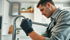Experienced plumber at work fixing a faucet in a cozy kitchen, representing https://speedyservicestoday.com.au's services.