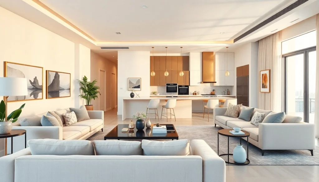 Stunning interior design dubai showcasing a luxurious apartment with elegant furniture and warm lighting.