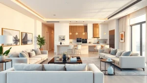 Stunning interior design dubai showcasing a luxurious apartment with elegant furniture and warm lighting.