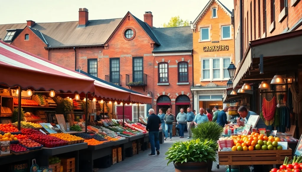 Vibrant marketplace in Clarksburg with local vendors showcasing fresh produce.