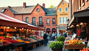Vibrant marketplace in Clarksburg with local vendors showcasing fresh produce.