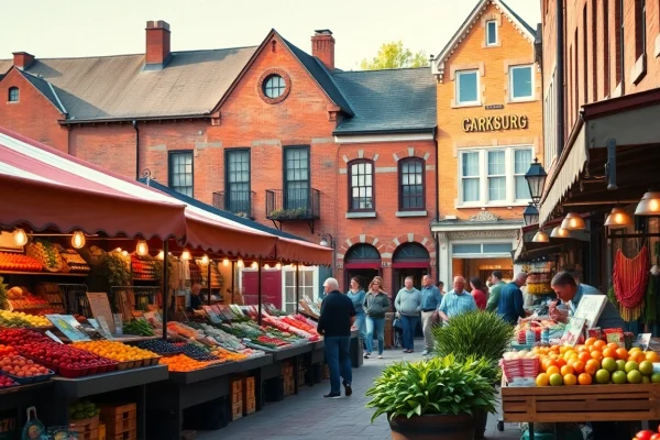 Vibrant marketplace in Clarksburg with local vendors showcasing fresh produce.