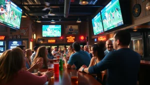 Excited crowd watching sports in a South Carolina sports betting bar atmosphere.