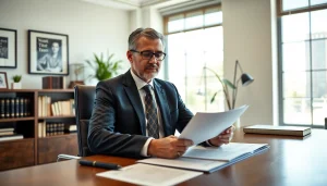 Engaging eminent domain lawyer reviewing a case in a professional office setting.