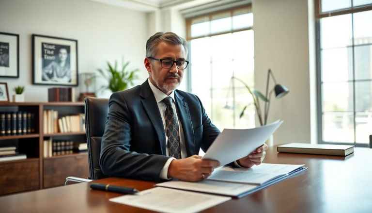 Engaging eminent domain lawyer reviewing a case in a professional office setting.