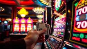 Slot bet 50 dalam suasana kasino mewah, tampak detail permainan mesin slot yang menarik.