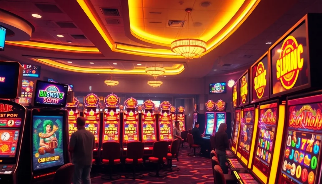 Exciting online casino scene showcasing slot hoki games with vibrant slot machines and engaged players.