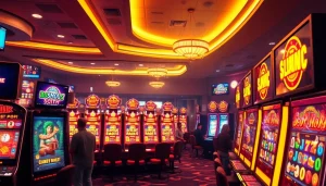 Exciting online casino scene showcasing slot hoki games with vibrant slot machines and engaged players.