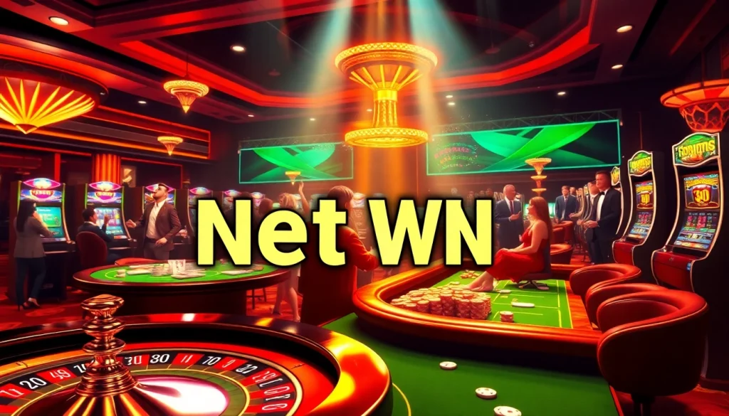Capture the thrill of achieving a net win at a luxurious casino featuring poker tables and slot machines.