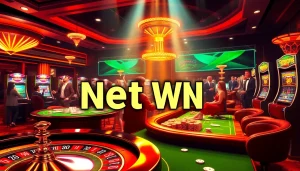 Capture the thrill of achieving a net win at a luxurious casino featuring poker tables and slot machines.