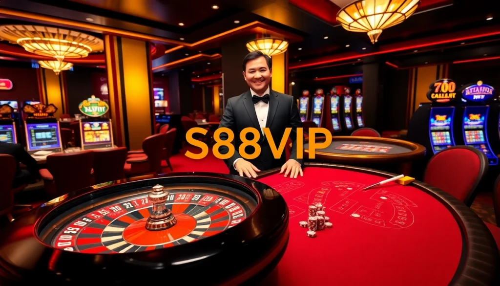 S88VIP casino scene featuring roulette, blackjack table, and engaged players